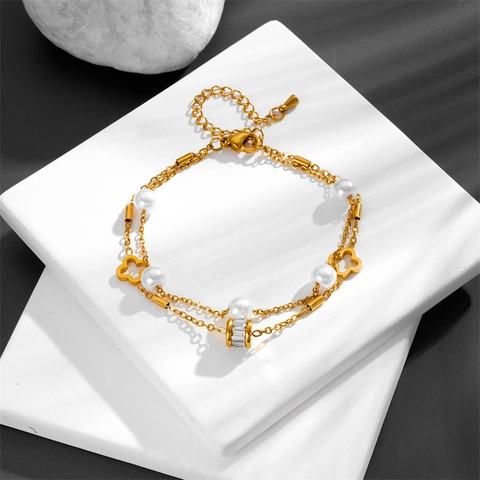 Layered Titanium Steel Bracelet Women With Faux Artificial Pearls Hollow Clover Charm Zircon Cylinder Bead Elegant Fashion Jewelry