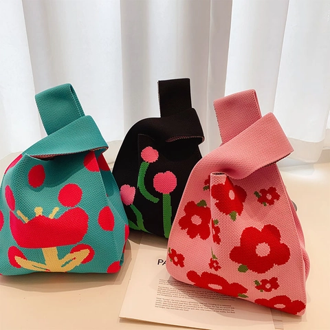 Knitted Handbag Women Knot Wrist Bag Floral Heart Pattern Woven Polyester Portable Tote Casual Style Shopping Bag