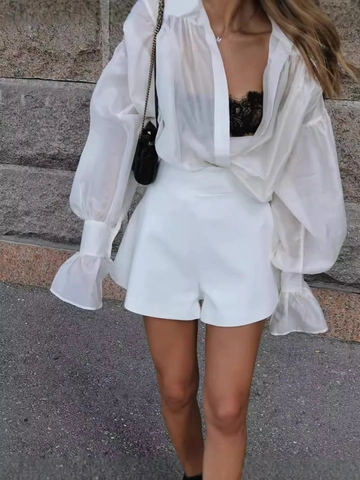 Blusa In Raso Da Donna Camicia A Maniche A Lanterna Scollo A V Elegante Ufficio Casual Top Alla Moda Tinta Unita