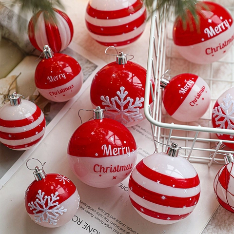 Christmas Ball Ornaments Red White Plastic Painted Snowflakes Festive Tree Hanging Decorations Holiday Party Home Decor