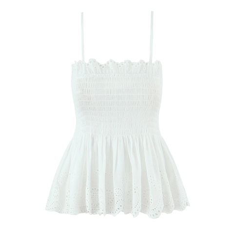 Dames Witte Broderie Anglaise Tweeledige Set Gesmokte Camisole Crop Top En Gelaagde Ruches Minirok Zomer Casual Outfit