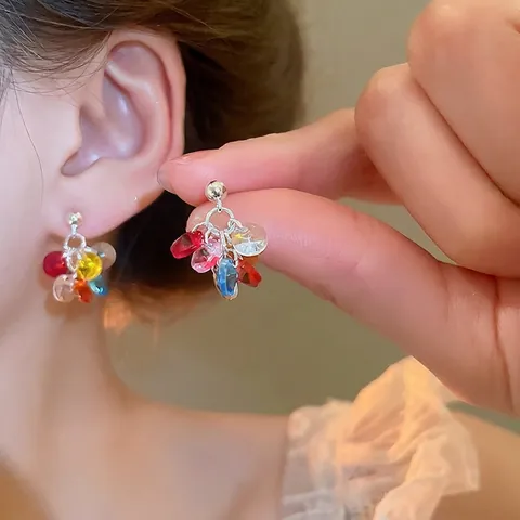 Boucles D'Oreilles Pendantes En Grappe De Perles De Verre Colorées Avec Tige En Argent Sterling 925 Alliage Style Dopamine