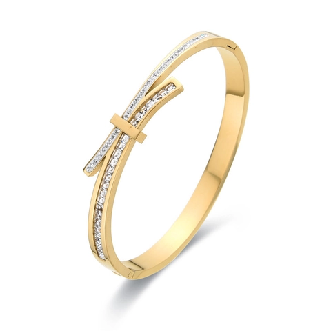 Bracciale Rigido in Acciaio Inossidabile con Fiocco e Strass Gioielli alla Moda per Donna Bracciale a Polsino Geometrico Intarsiato