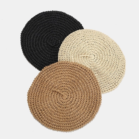 Women Straw Woven Beret Hat Summer Breathable Sun Protection Vacation French Vintage Artist Painter Cap Solid Color