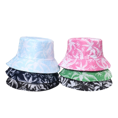 Bucket Hat Polyester Tropical Coconut Tree Print Reversible Summer Sun Protection Beach Outdoor Fisherman Cap Unisex