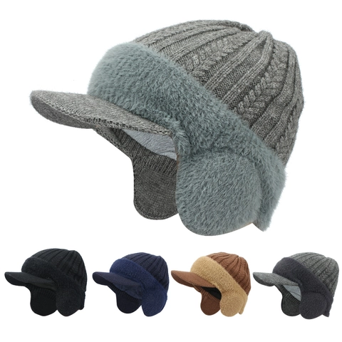 Berretto In Maglia Invernale Da Uomo Con Visera Fodera In Peluche Spessa Paraorecchie Caldo Antivento Outdoor Moda