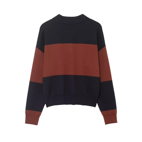 Suéter De Punto Rayado De Manga Larga Para Mujer Cuello Polo Bloque De Color Contraste Top De Poliéster Casual Vintage