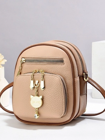 Mini Rucksack PU Leder Litschikorn Mehrere Reißverschlüsse Umhängetasche Mit Katzenanhänger Mode Lässig Frauen Mädchen