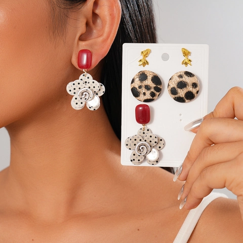 Orecchini Vintage Stampa Leopardata E Fiore Pois Con Pesce Dorato Resina Cuoio Perno In Argento Sterling 925