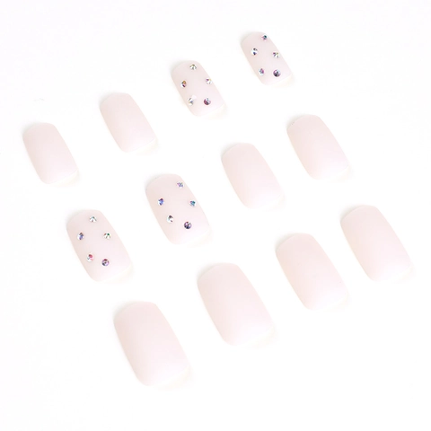 Press On Nägel Matt Nude Rosa Französischer Stil Mit Bunten Strasssteinen Elegante Künstliche Falsche Nägel