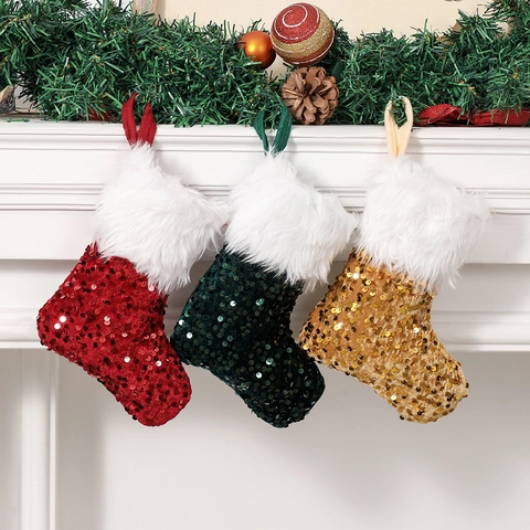 Sequin Christmas Stocking With White Faux Fur Cuff For Hanging Holiday Home Party Ornament Decoration