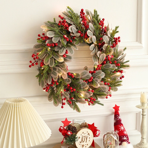 Christmas Wreath With Warm Lights Artificial Pine Needles Red Berries Gold Balls Ribbon For Front Door Wall Hanging Decor