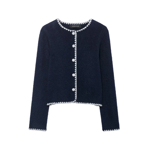 Damen Strickjacke Kontrast Wellenkante Langarm Einreihig Rundhals Schmale Passform Pullover Top