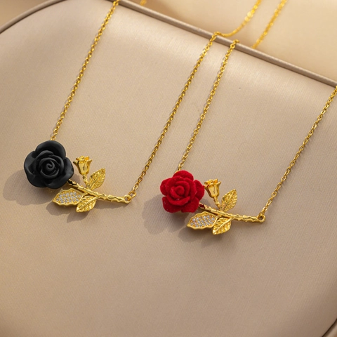 Collana Con Pendente Fiore Di Rosa Acciaio Inossidabile Zircone Floreale Floccato Romantico Francese Catena Clavicola Per Donne