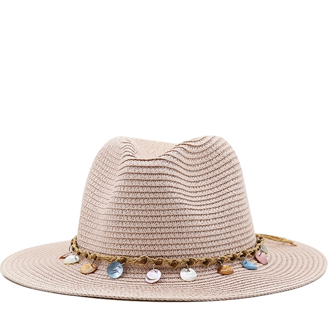 Bohemian Fedora Straw Hat Wide Brim Woven Band Colorful Shell Pendants Summer Sun Protection Beach Vacation Unisex