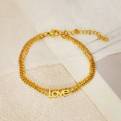 Double Layered Bracelet 18K Gold Plated Stainless Steel Love Letter Pendant Bead Chain Adjustable Jewelry For Women