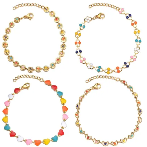 Pulsera De Acero Inoxidable Para Mujer Vintage Chapado En Oro Esmalte Colorido Corazón Luna Redondo Dijes Joyería Ajustable
