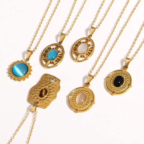 Vintage Titanium Steel 14K Gold Plated Necklace With Natural Stone Drip Oil Pendant O-Chain Jewelry For Women