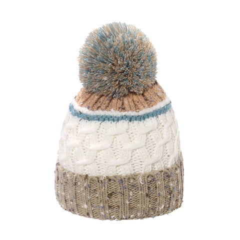 Berretto In Maglia Invernale Trecce Patchwork A Righe Con Grande Pompon Fodera In Pile Caldo Donna