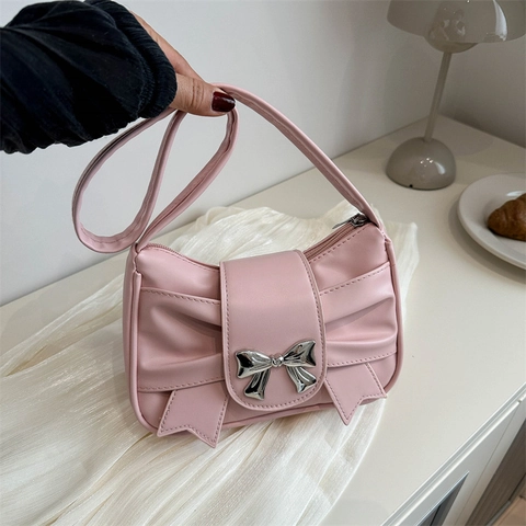 Women PU Leather Pleated Underarm Bag With Metal Bow Buckle Fashion Shoulder Handbag Niche Design