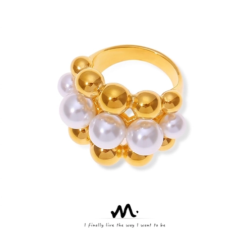 Elegante Anello A Più Strati Con Perline In Acciaio Al Titanio Placcato Oro Perla Artificial Di Conchiglia Giunzione Gioielli Geometrici Francesi