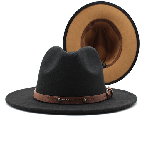 Contrast Color Wide Brim Fedora Hat Wool Felt Jazz Cap With Leather Belt Rivet Vintage Unisex