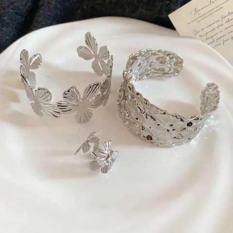 Hollow Flower Cuff Bracelet And Ring Silver Color Metal Hammered Textured Irregular Adjustable Open Bangle Women Jewelry