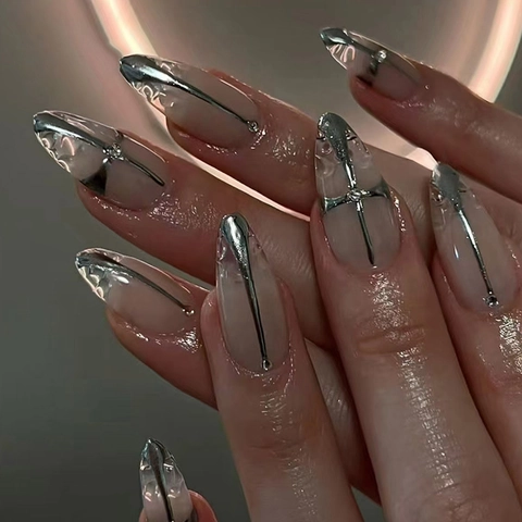 Press On Nails ABS Plastic Removable Almond Shape Silver Metallic Cross Y2K Punk Style Elegant