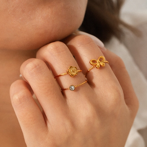 Stackable Rings 18K Gold Plated Stainless Steel Flower Bow Cubic Zirconia For Women Elegant INS Style Jewelry
