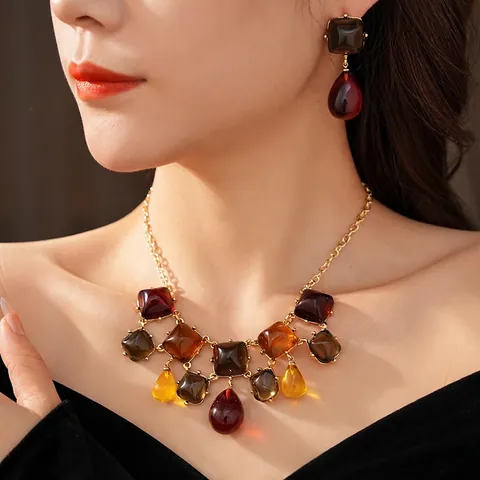 Vintage Jewelry Necklace And Earrings For Women Square Teardrop Multi-Color Resin Alloy With Silver Earring Post