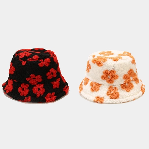 Damen Plüsch Fischerhut Warm Lammwolle Fleece Süßes Blumenmuster Winter Outdoor Sonnenschutz