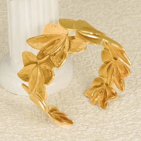 Lussuoso Bracciale Rigido Aperto in Acciaio Inossidabile 304 a Forma di Petalo per Donna Placcato Oro Argento Regolabile