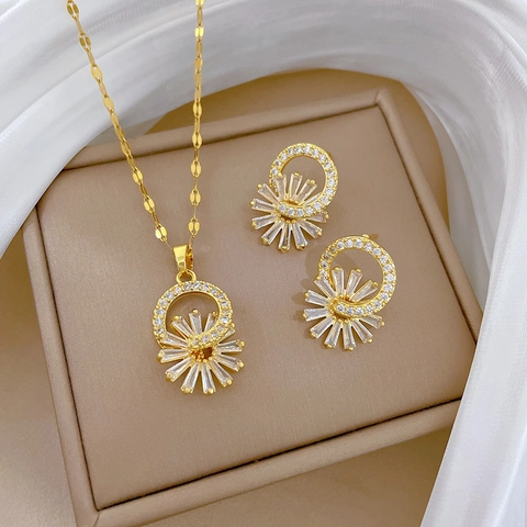 Elegant Sunflower Necklace And Earrings Gold Plated Titanium Steel Copper Zircon Micro Pave With Silver Earring Post