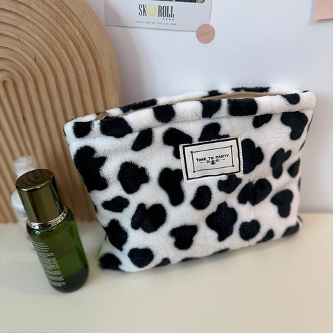 Borsa Per Trucco In Peluche Con Stampa Mucca Pochette Per Cosmetici Morbida Con Cerniera Organizzatore Da Viaggio Portatile