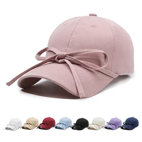 Women Fashion Ribbon Bowknot Baseball Cap Adjustable Cotton Solid Color Sunshade Hat Casual Commuter Sport Peaked Cap