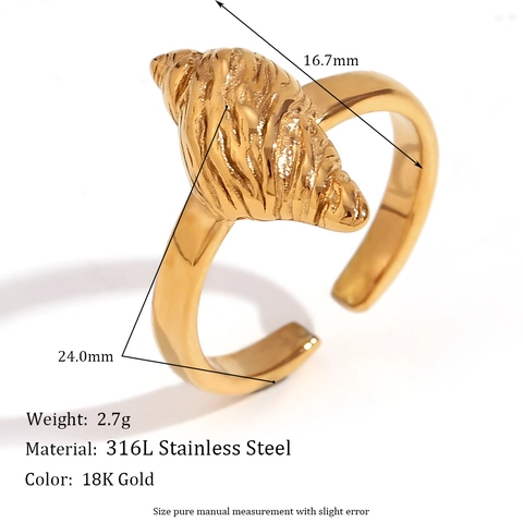 Anillo Abierto de Concha de Acciaio Inoxidable Estilo Océano Bañado en Oro 18K Minimalista Ajustable para Mujer Joyería de Vacaciones en la Playa