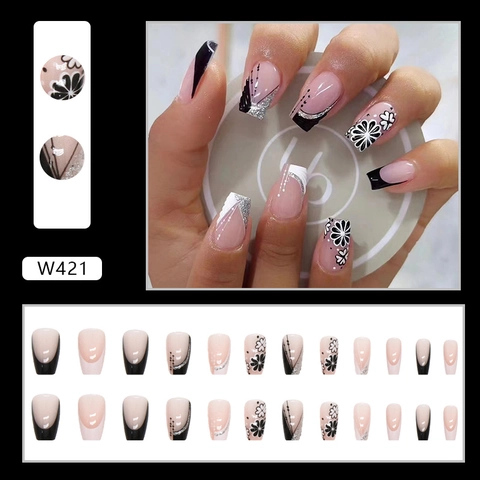 Plaknagels Met Zwart Witte French Tips Korte Ballerina Vorm Bloemendesign Zilveren Glitters Zoete Stoere Kunstnagels