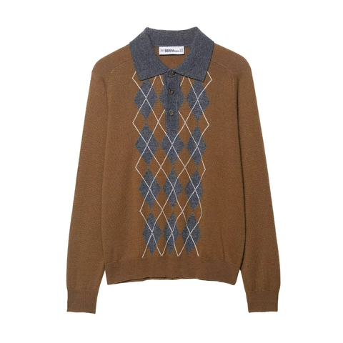 Suéter De Punto Con Estampado De Rombos Cuello Polo Manga Larga Estilo Retro Preppy Para Mujer