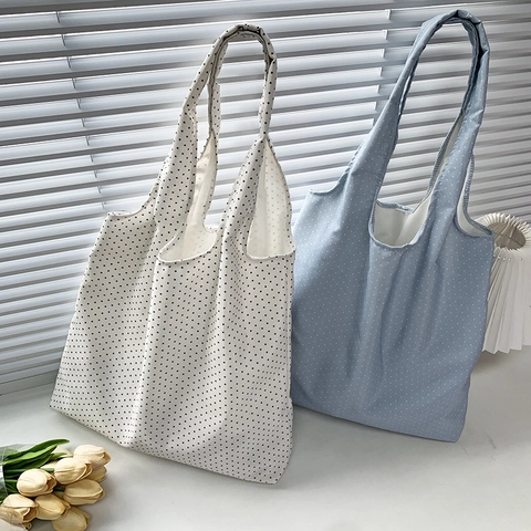 Borsa Tote In Tela Grande Capacità Stampa Pois Plaid Righe Borsa A Spalla Casual Per Donne Studentesse