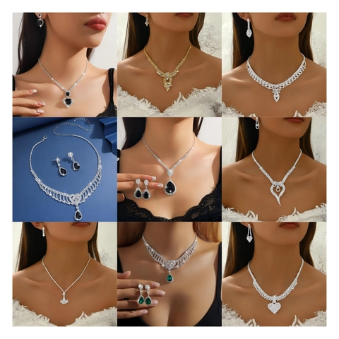 Lussuoso Set Di Gioielli Collana E Orecchini In Strass Lega Cuore Goccia Sposa Matrimonio Banchetto Party Per Donne