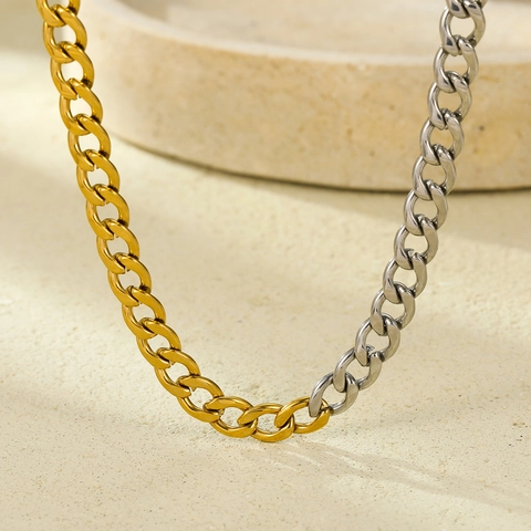 Trendy Two-tone Stainless Steel Curb Chain Necklace For Women Gold Silver Spliced Cuban Link Chain Choker Jewelry Gift