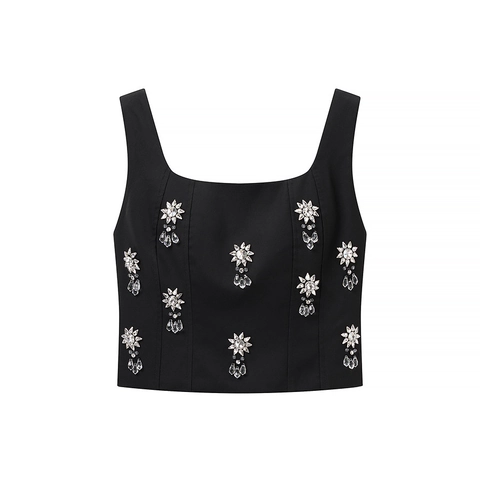 Crop Top Sexy Nero con Strass da Donna e Gonna Midi in Cristallo Floreale Completi da Festa Senza Maniche Eleganti Streetwear
