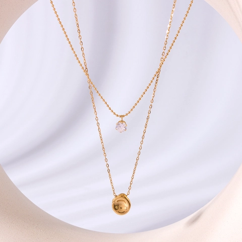 Double Layer Necklace Stainless Steel 18K Gold Plated Zircon Pendant Irregular Metal Drop Minimalist Clavicle Chain For Women