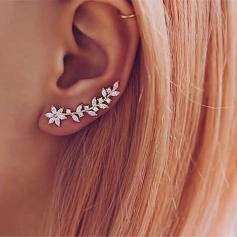 Flower Leaf Ear Crawler Earrings Copper White Zircon Shiny Full Stone Inlay Vine Design Elegant Nature Inspired For Women