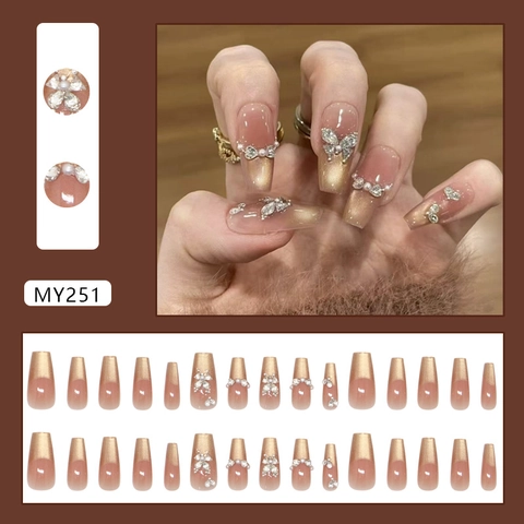 Franse Cat Eye Kunstnagels Lange Doodskistvorm Nude Roze Gradiënt Strass Vlinder Kunstparel Decor ABS Plastic Elegante Manicure