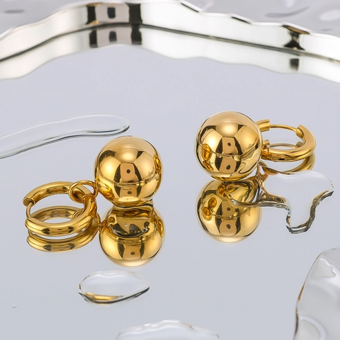 Stainless Steel Ball Hoop Earrings For Women 18K Gold Plated High Polished Hollow Drop Detachable Geometric Minimalist