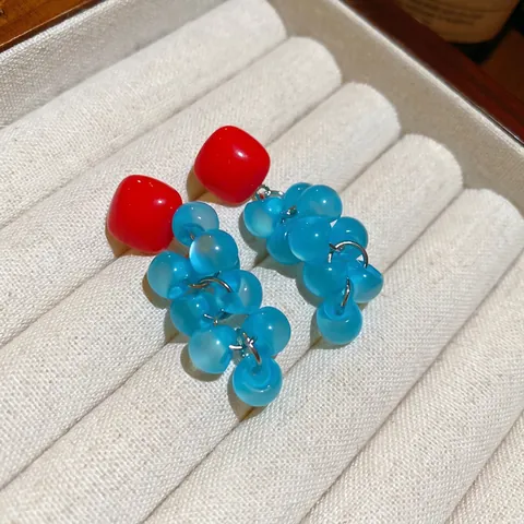 Resin Square Grape Cluster Dangle Earrings With 925 Sterling Silver Earring Post Translucent Red Blue Contrast Color