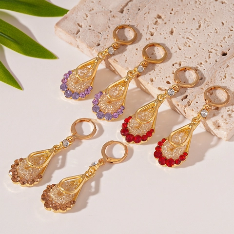 Vintage Teardrop Mesh Earrings For Women Brass Zircon Rhinestone With Silver Earring Post Light Luxury Style