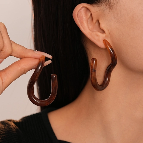Vintage U-Shaped Irregular Geometric Resin Earrings With Silver Earring Post Marble Texture Fashion Jewelry For Women