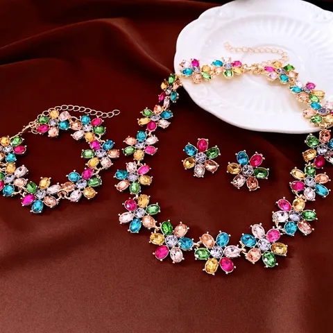 Vintage Floral Necklace Bracelet Earrings Alloy Gold Plated Multicolor Rhinestone With Silver Earring Post Elegant Women